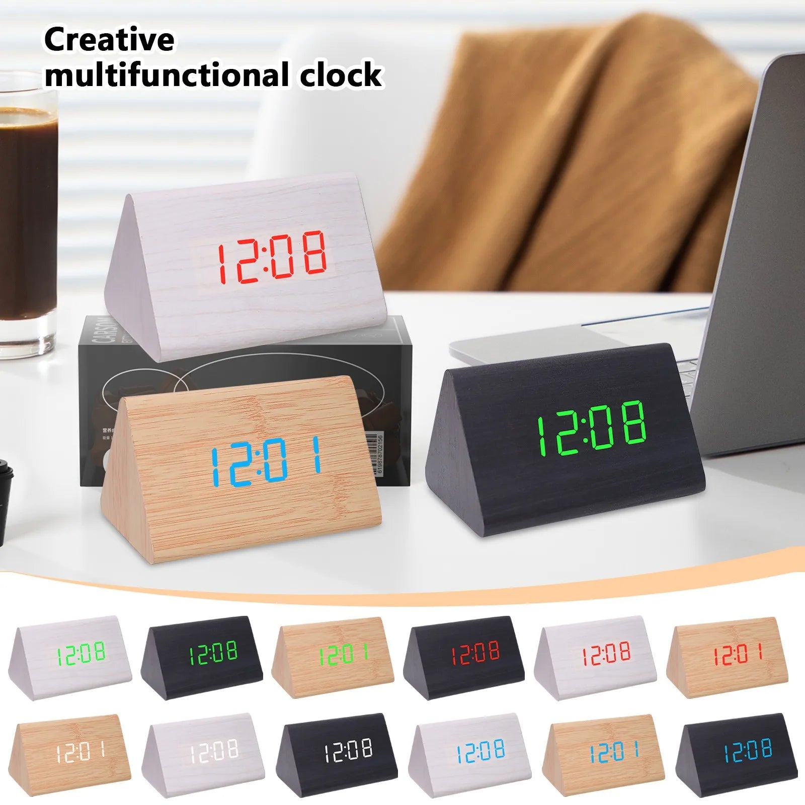 Réveil numérique LED en bois avec affichage de la température sur table de chevet