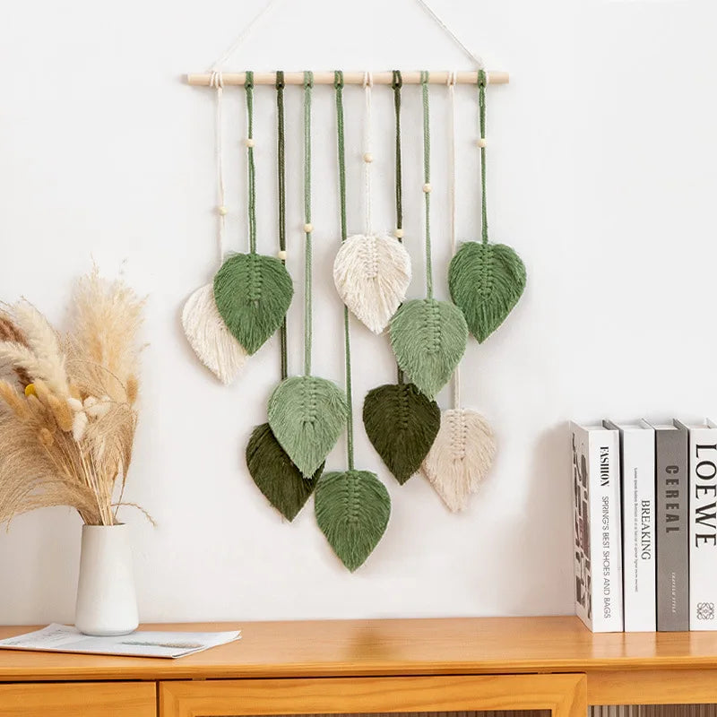 Feuille macramé murale bohème chic gris foncé