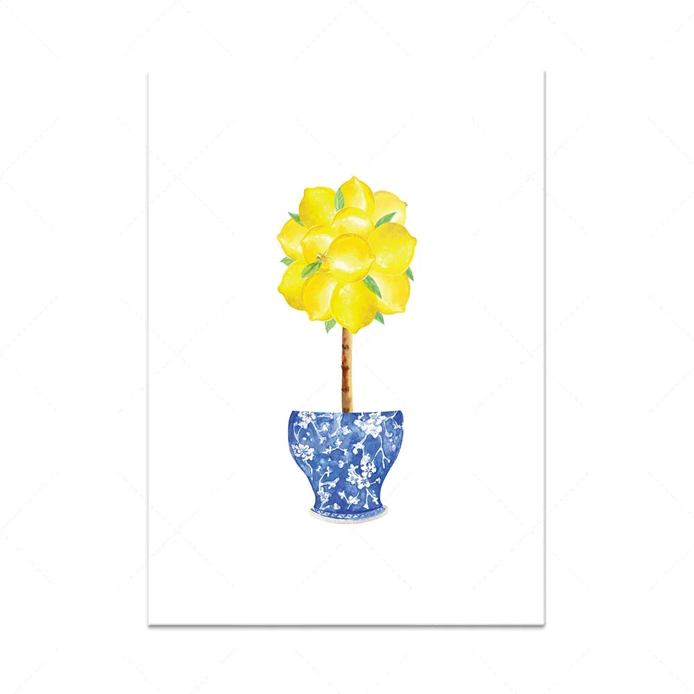 Une belle fleur jaune épanouie dans un vase décoratif bleu et blanc.