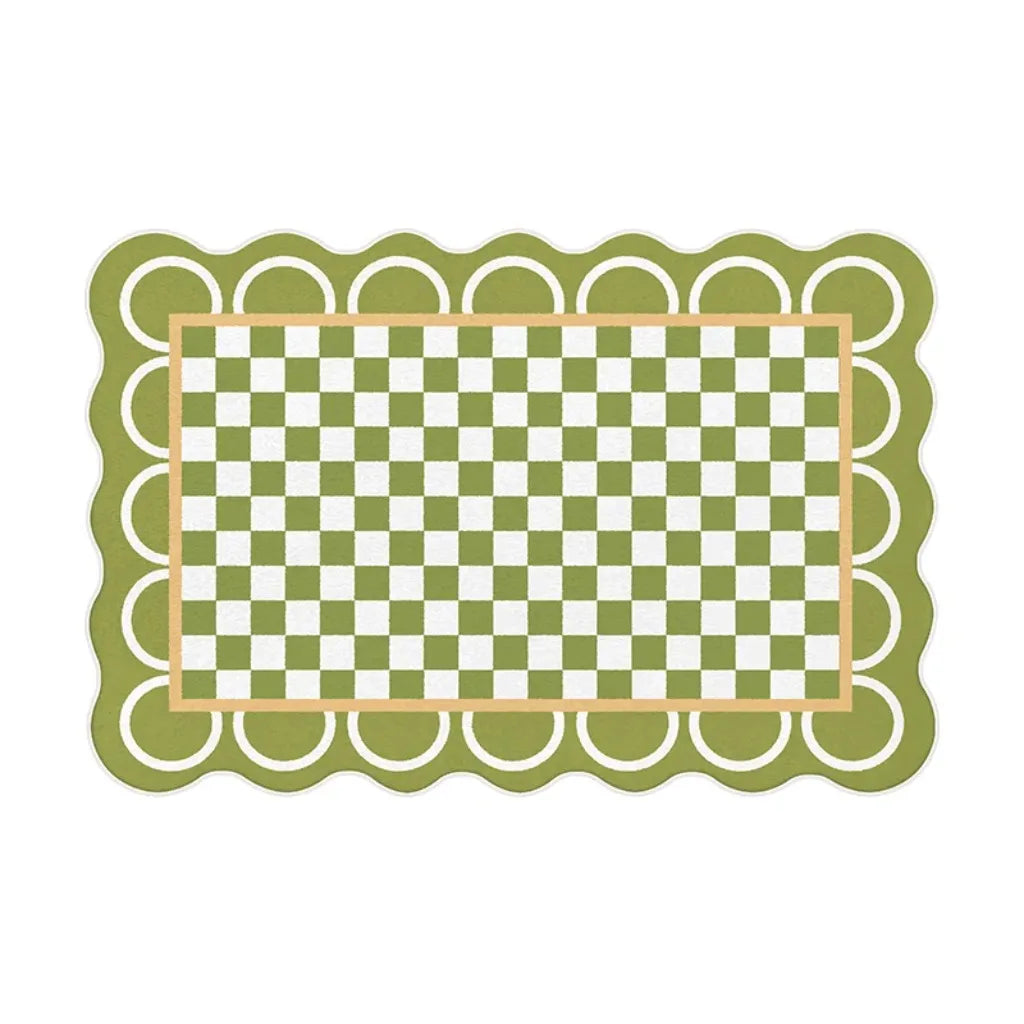 Tapis décoratif rectangulaire vert et blanc avec un motif damier.