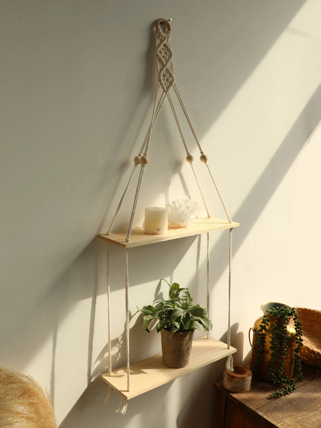 Support d'angle en macramé vert foncé pour plantes suspendues