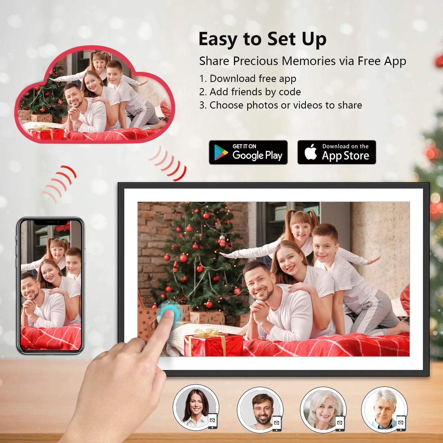 Cadre photo numérique avec écran tactile et menu à l'écran