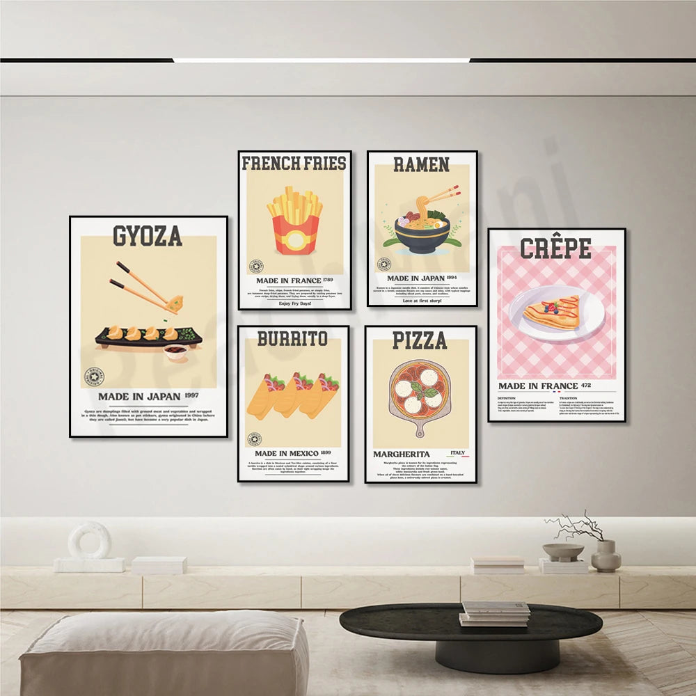 Une série d'affiches rétro-style met en valeur divers plats célèbres du monde entier, de la traditionnelle crêpe française aux savoureux ramen japonais.