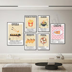 Une série d'affiches rétro-style met en valeur divers plats célèbres du monde entier, de la traditionnelle crêpe française aux savoureux ramen japonais.