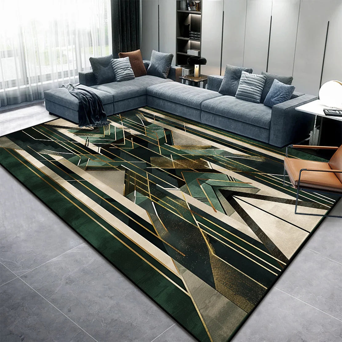 Tapis géométrique moderne en vert et doré, décoré de motifs angulaires complexes, créant une ambiance élégante et sophistiquée dans ce salon contemporain.