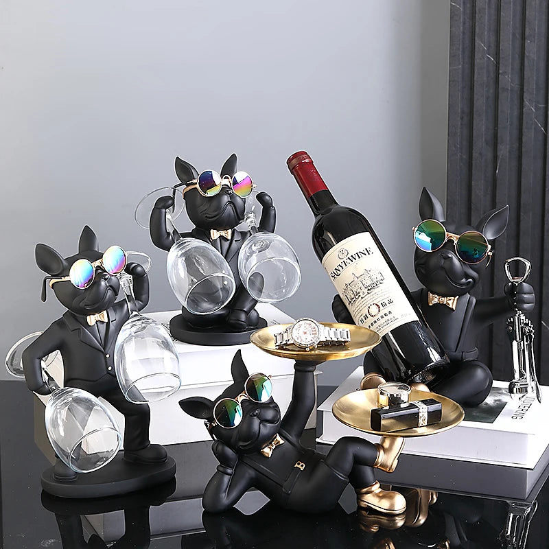 Statue bouledogue français résine vert clair porte-bouteille vin