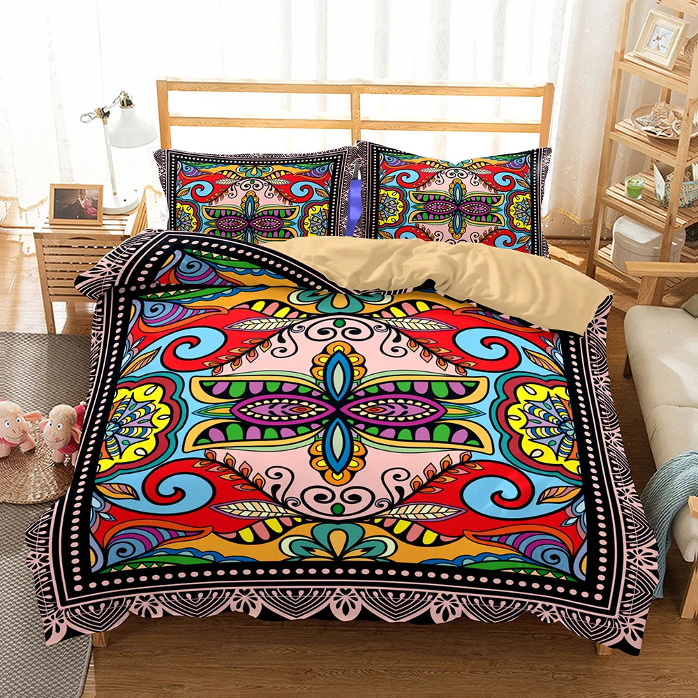 Housse de couette bohème 3 pièces en polyester sur un lit double