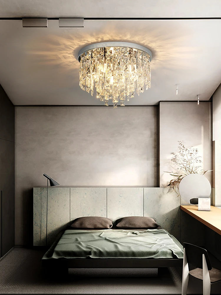 Lustre plafond intensité variable en cristal et acier inoxydable