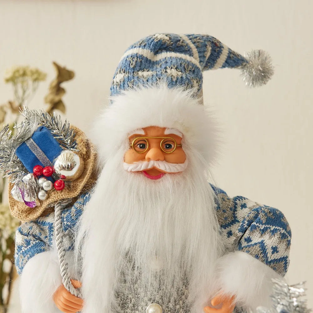 Poupée Père Noël bleu sur fond blanc
