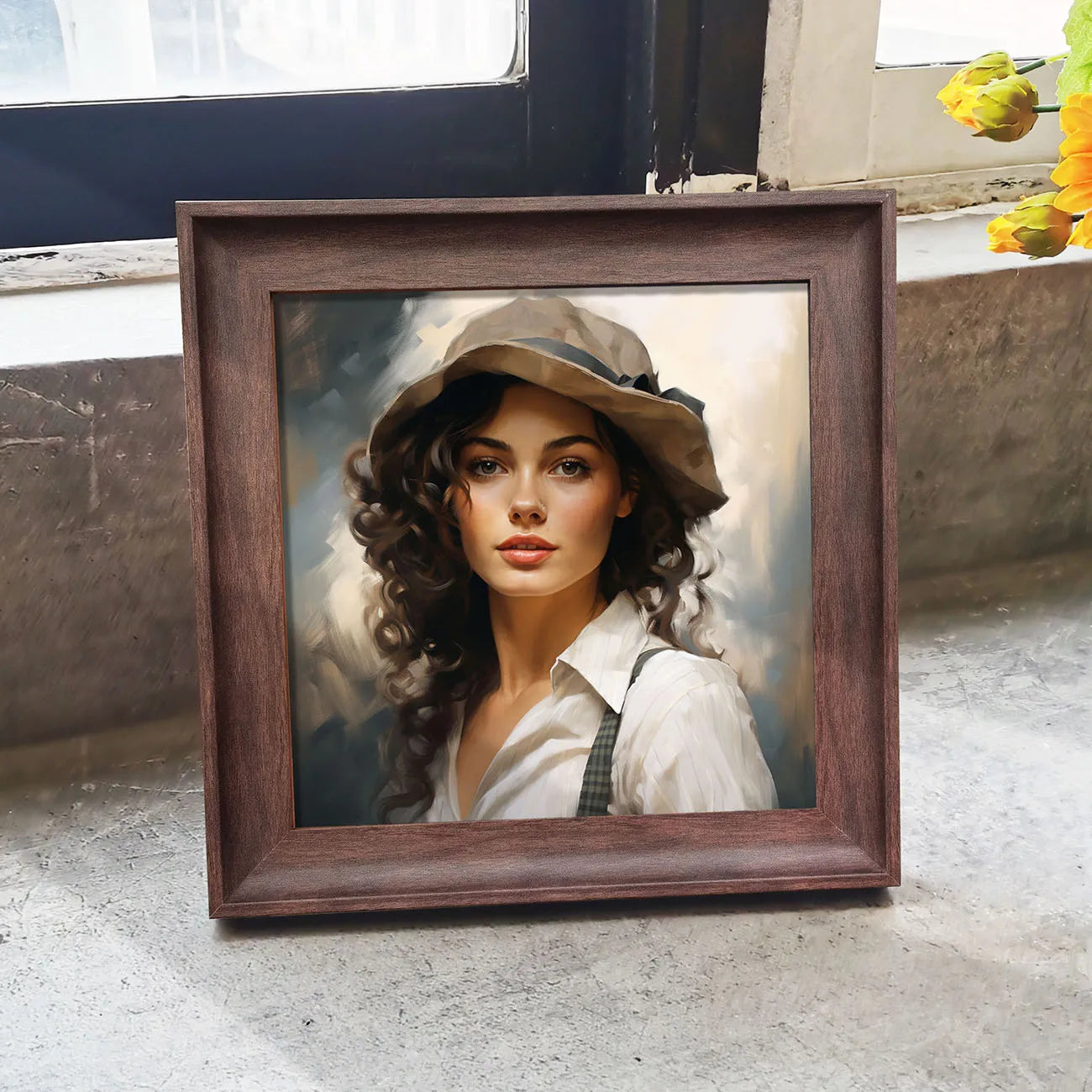 Cadre photo en bois vintage blanc sur mur beige