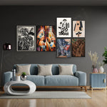 Le salon élégant présente une collection d'œuvres d'art abstraites aux couleurs vives, créant une ambiance sophistiquée et inspirante.