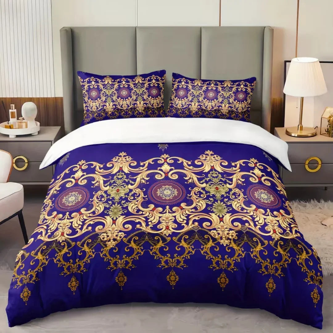 Détail du motif géométrique doré sur housse de couette