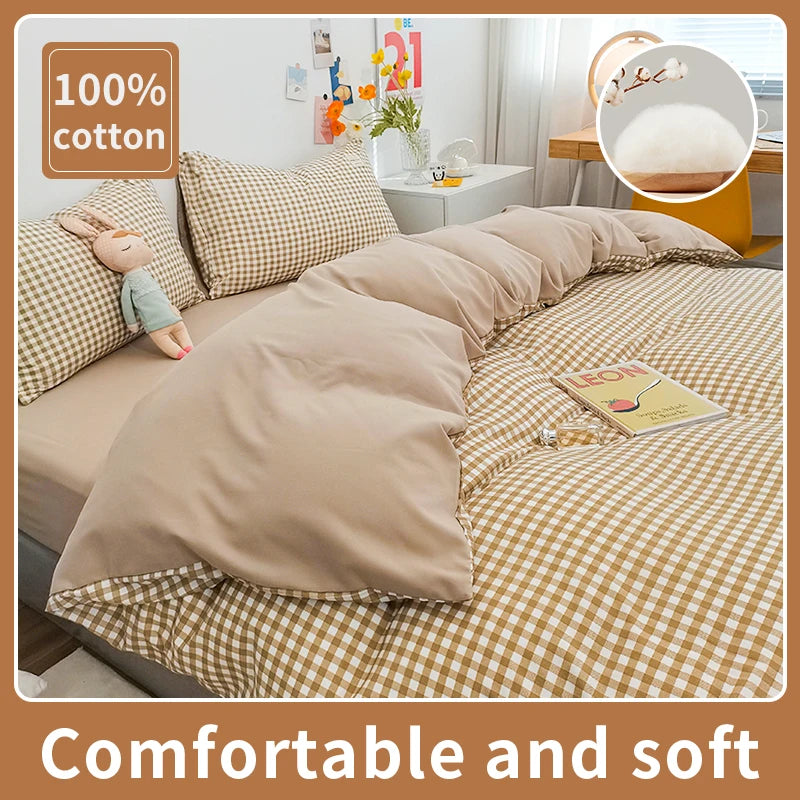Housse de couette 140x200 coton rayures carreaux style japonais sur lit