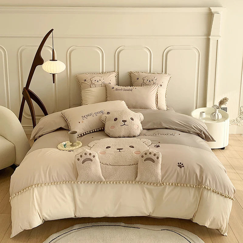 Housse de couette broderie ours mignon blanc