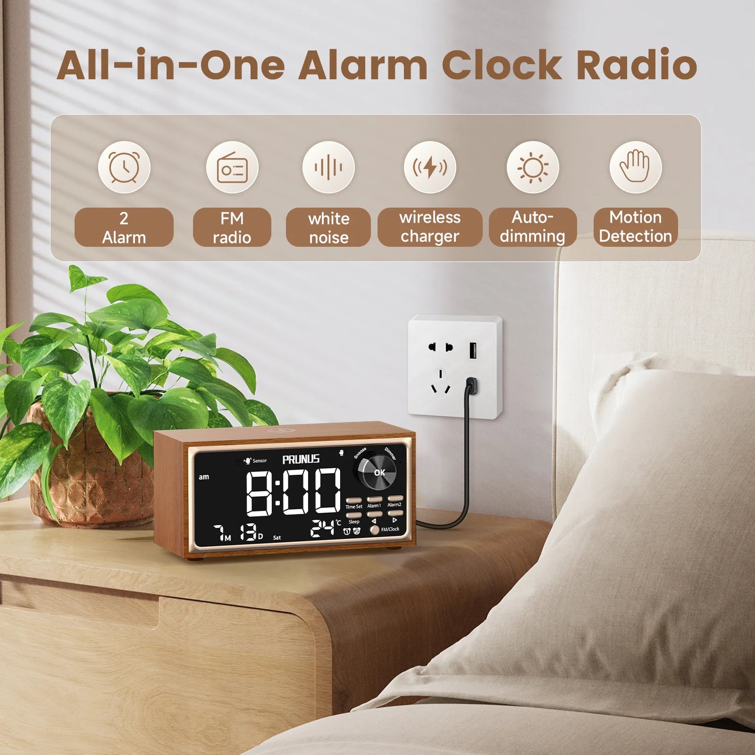 Radio réveil vintage de face montrant les commandes et le design en bois