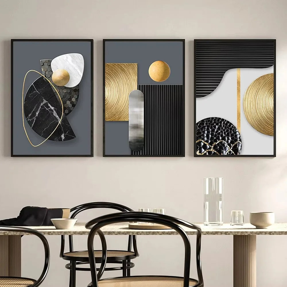Tableau abstrait noir blanc doré géométrique nordique