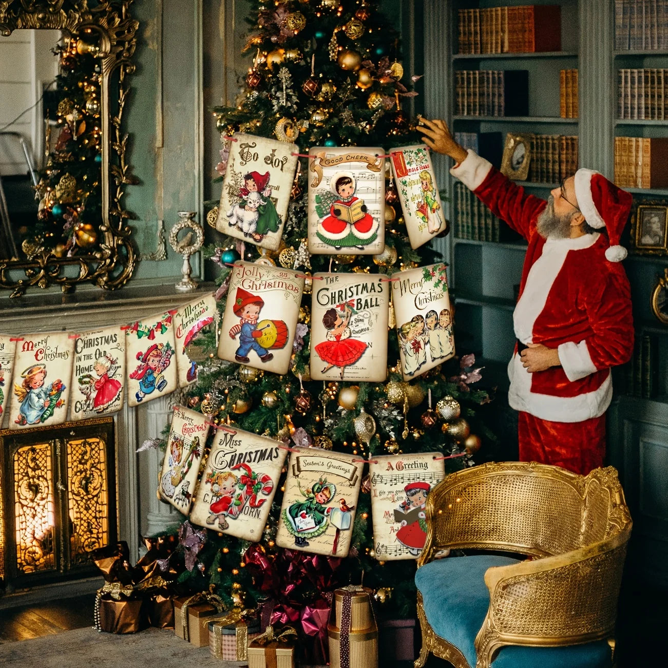 Bannière décorative de Noël accrochée au-dessus d'une cheminée