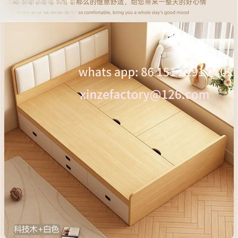 Lit tatami double en bois massif avec rangement intégré, vue de face
