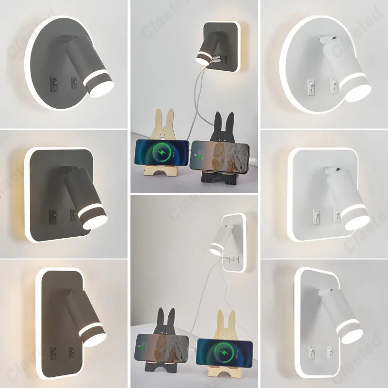 Applique murale LED réglable avec port USB en couleur blanche sur un mur moderne
