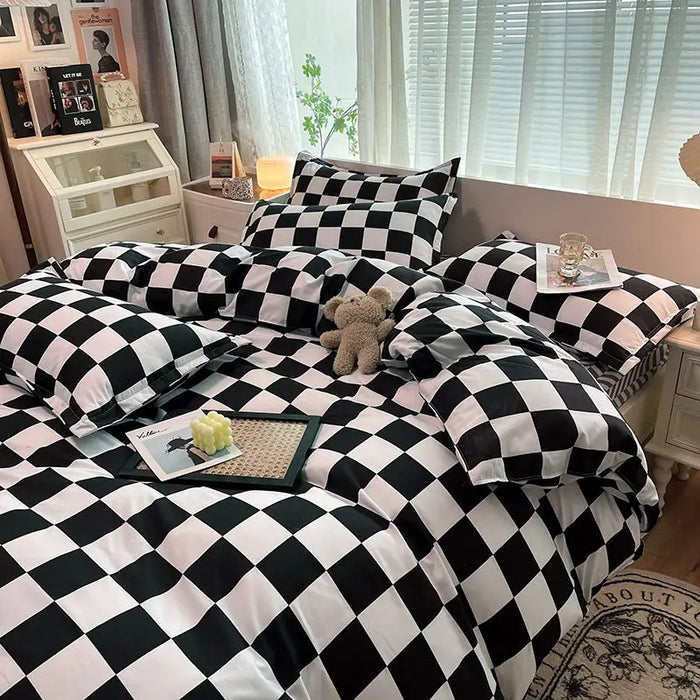 Housse de couette kaki damier jacquard sur lit