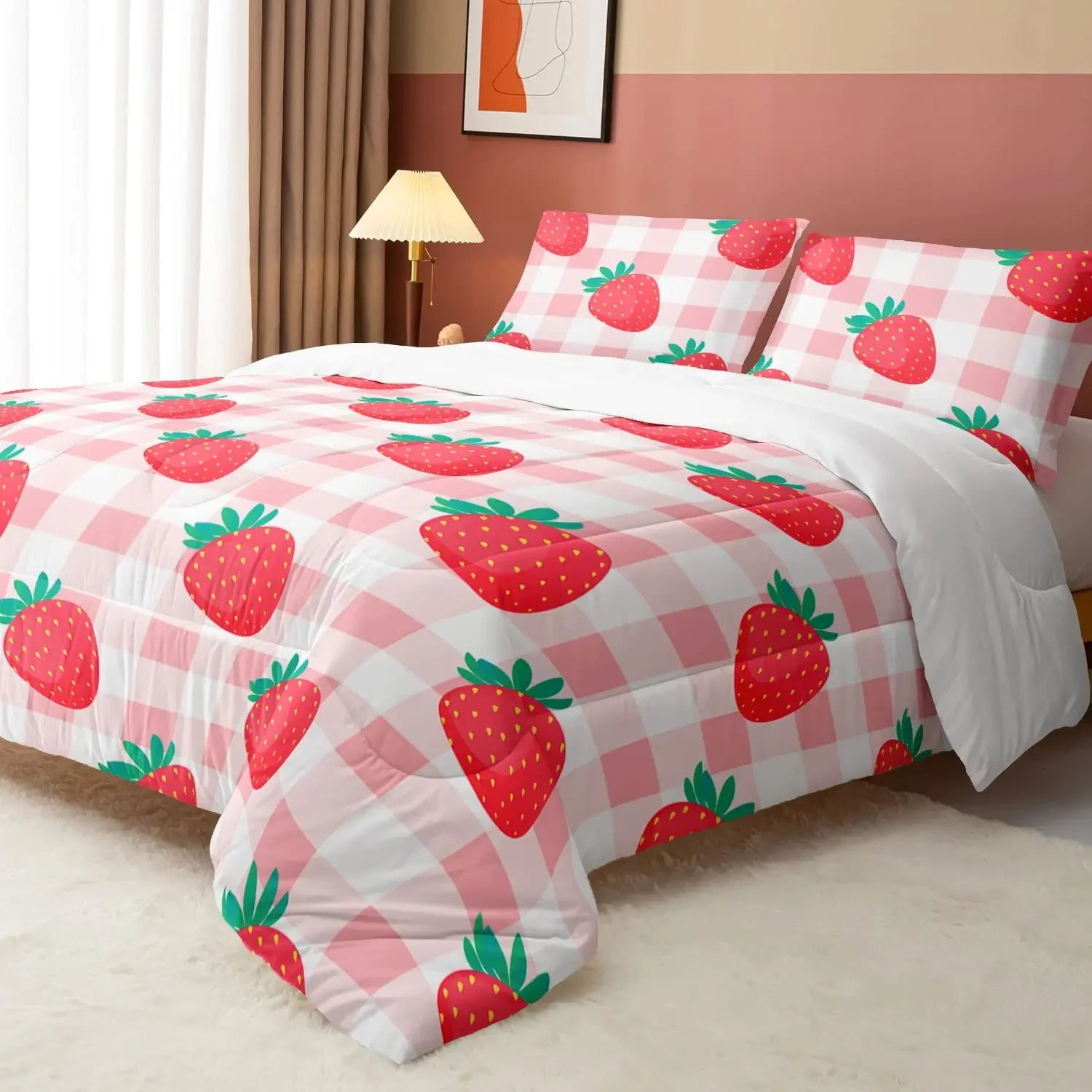 Set housse couette et taies d'oreiller fraise