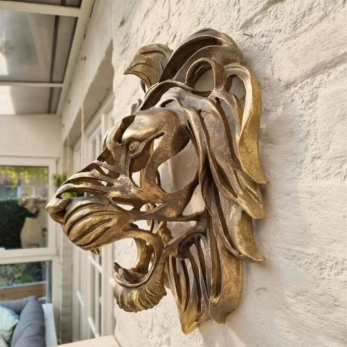 Statue tête de lion creuse dorée décoration murale résine