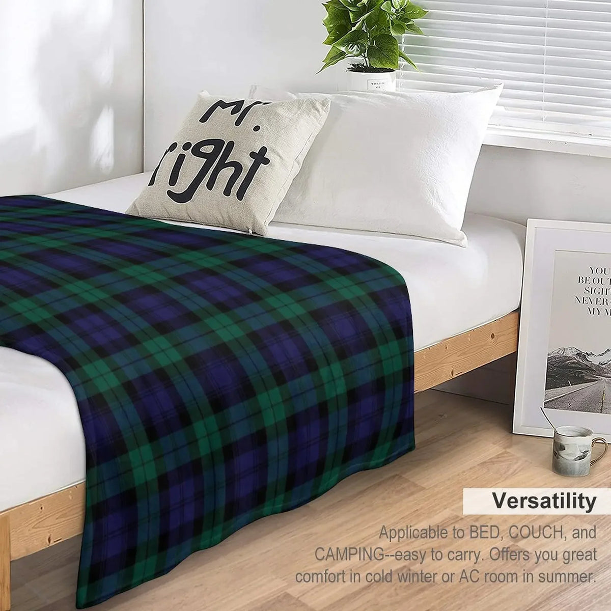 Couverture tartan enroulée sur canapé gris