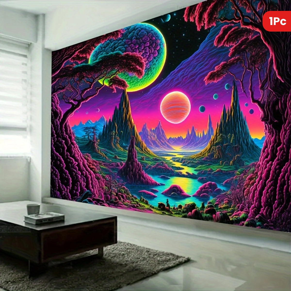 Tenture illusion alien dégradé vert armée sur mur salon