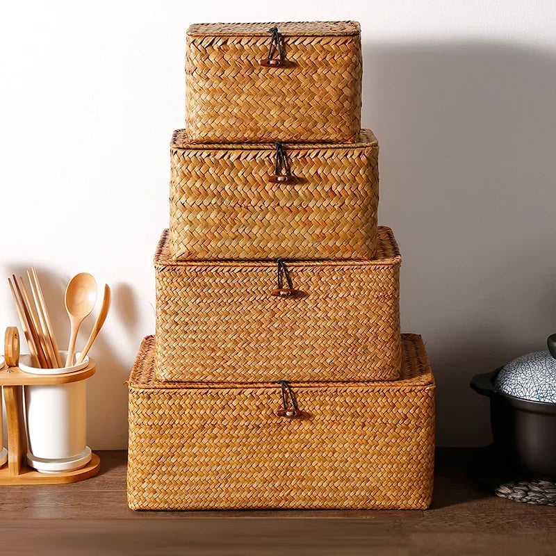 Panier de rangement tressé en osier noir