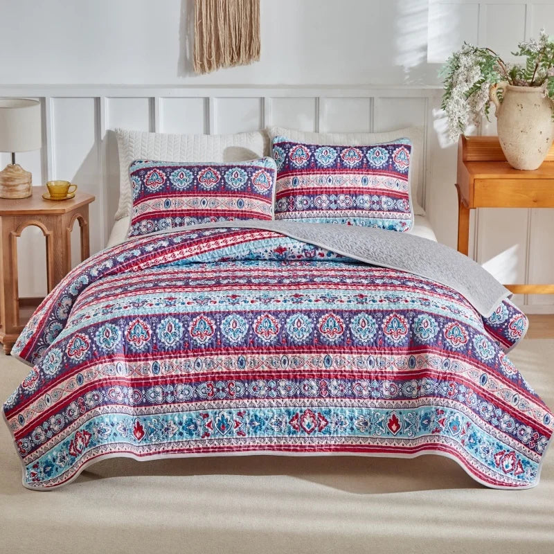 Parure de lit matelassée microfibre imprimé floral patchwork vert