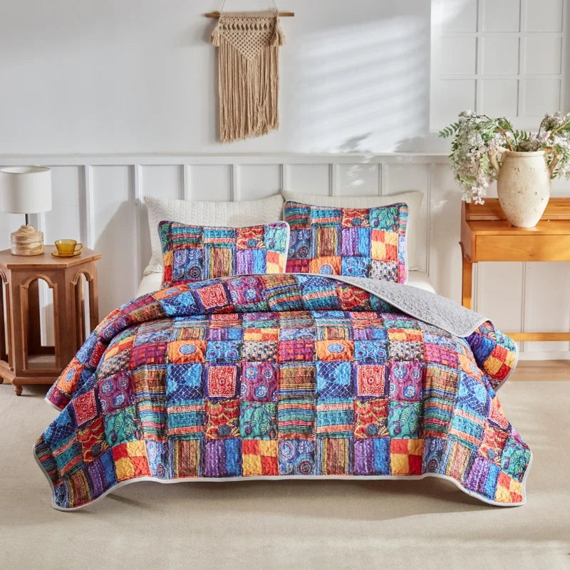 Parure de lit matelassée microfibre imprimé floral patchwork rouge