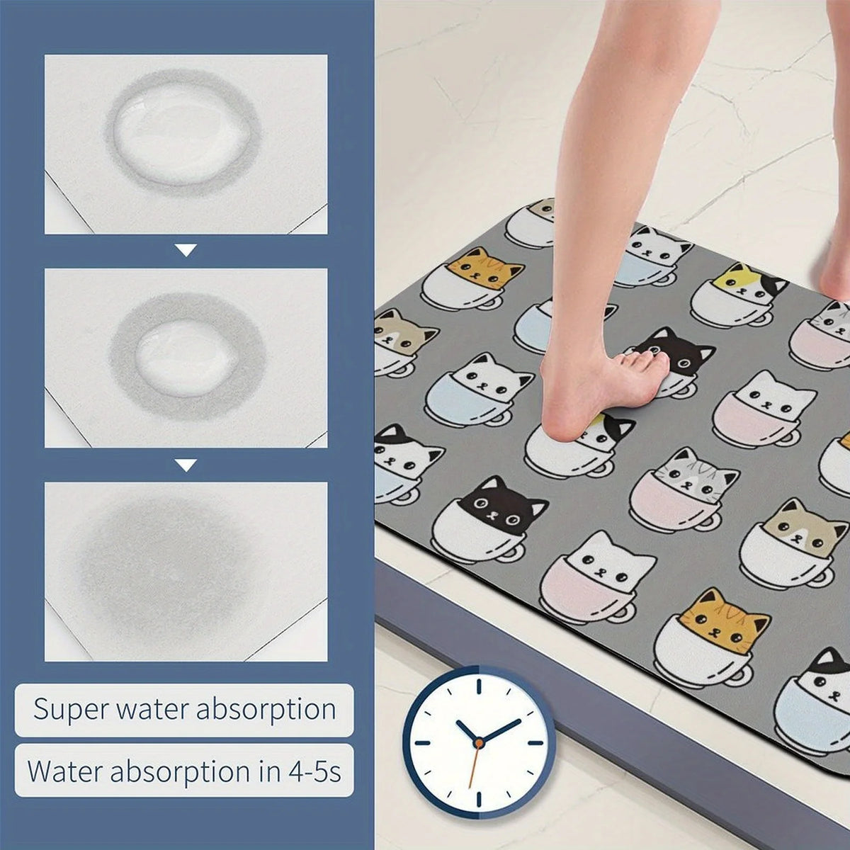 Détail du design des chats mignons dans les tasses sur le paillasson