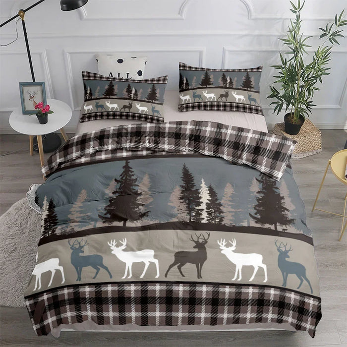 Housse de couette carreaux cerf forêt vintage sur lit double