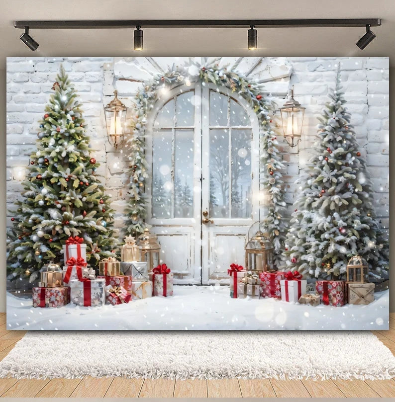 Arbre de Noël et cadeaux sur fond photo