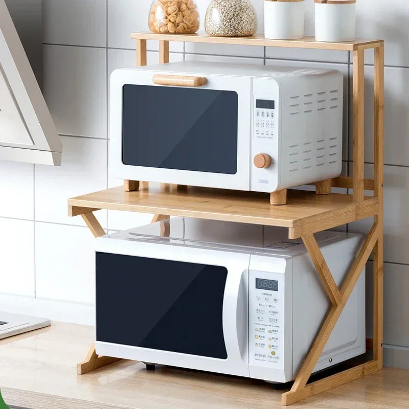 Support micro-ondes bambou double étagère vue latérale