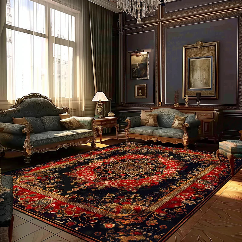 Cette image montre un salon décoré avec un style élégant et sophistiqué, avec des meubles en bois sculpté, des tissus riches et un tapis oriental coloré. L'ensemble crée une atmosphère luxueuse et chaleureuse.