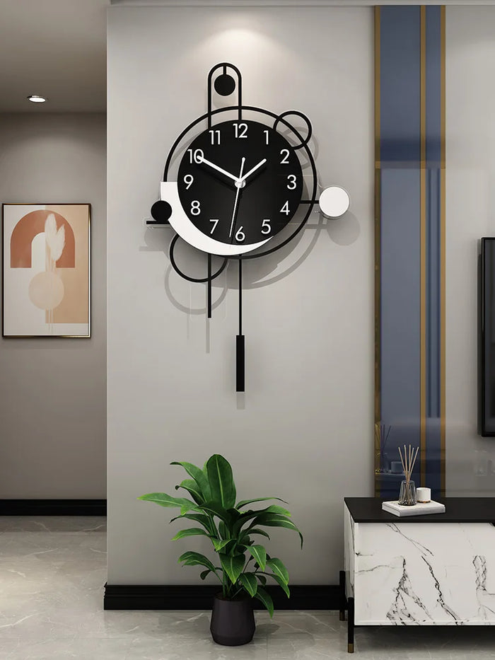 Horloge murale nordique moderne en métal noir pour salon, pendule silencieuse