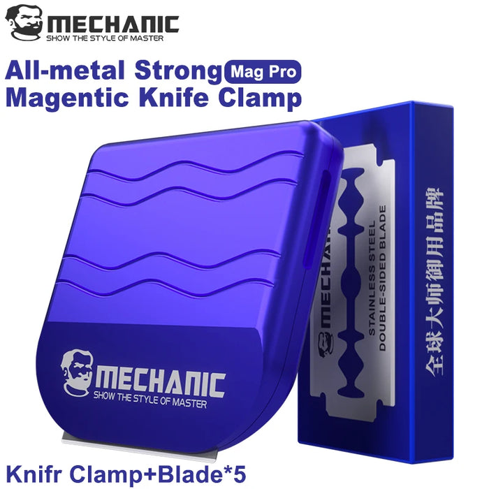 Porte-couteau magnétique Mag Pro bleu fixé au mur