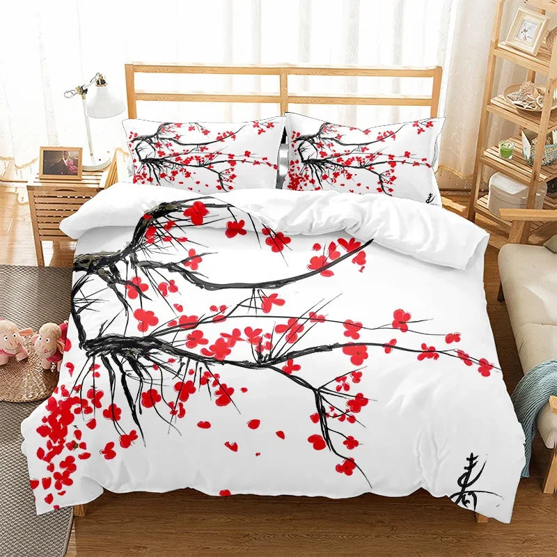 Détail du motif fleurs de cerisier sur housse de couette
