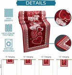 Cette image présente une série de serviettes décoratives rouges avec des motifs de cœurs et d'arabesques. Les détails indiquent que ces serviettes sont de haute densité, à couleur vive et lavables en machine, avec différentes tailles de 8 à 14 pouces de hauteur pour s'adapter à différents besoins de décoration.