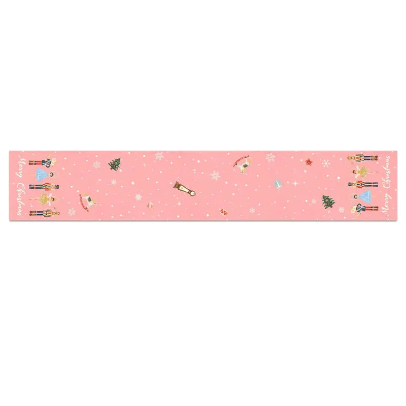 Motif festif avec des personnages de Noël et des flocons de neige sur un fond rose.
