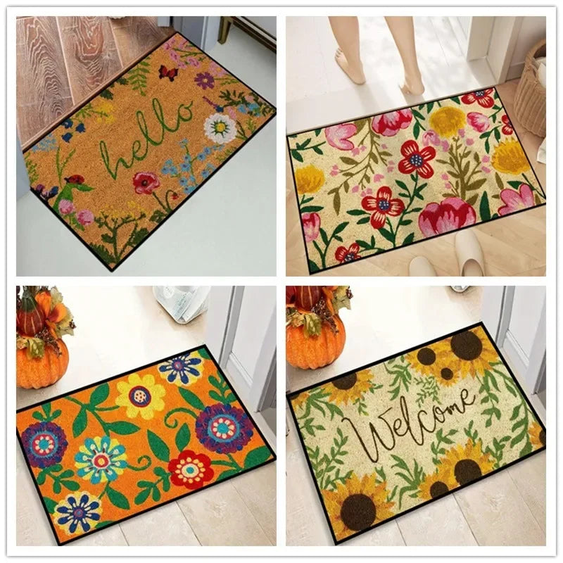 Paillasson floral lettres bienvenue jaune