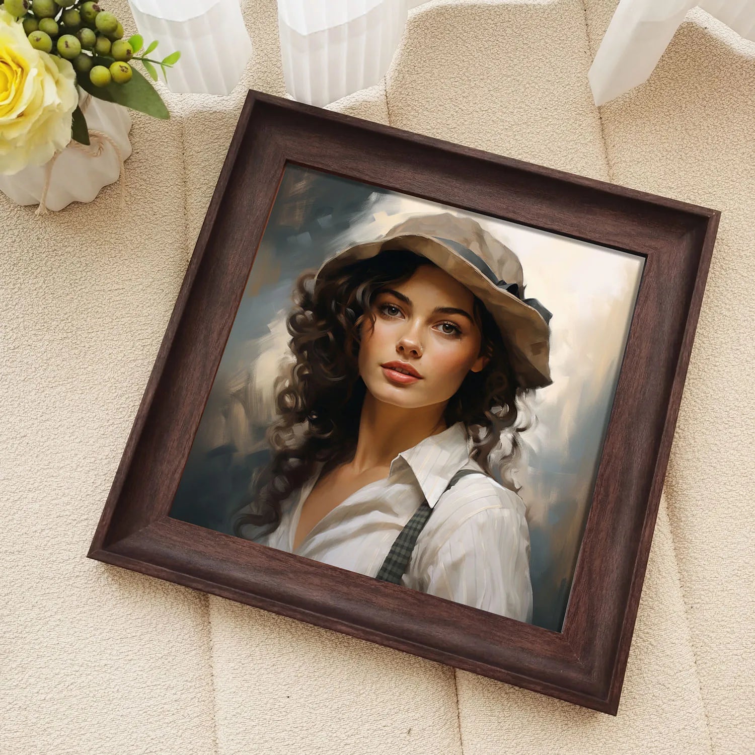 Cadre photo en bois vintage jaune dans un salon moderne