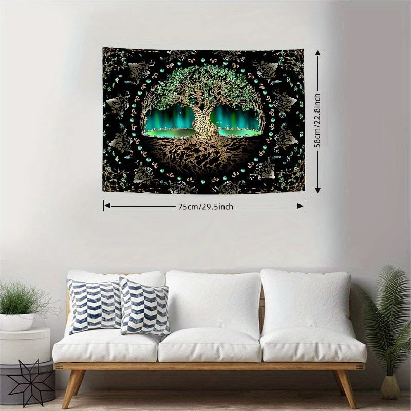 Détail du motif arbre de vie sur tapisserie murale noire
