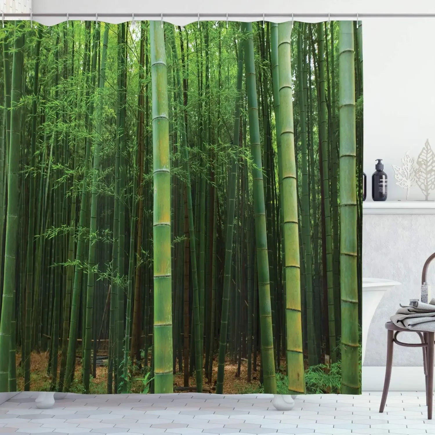 Motif scénique de forêt sur rideau de douche en bambou