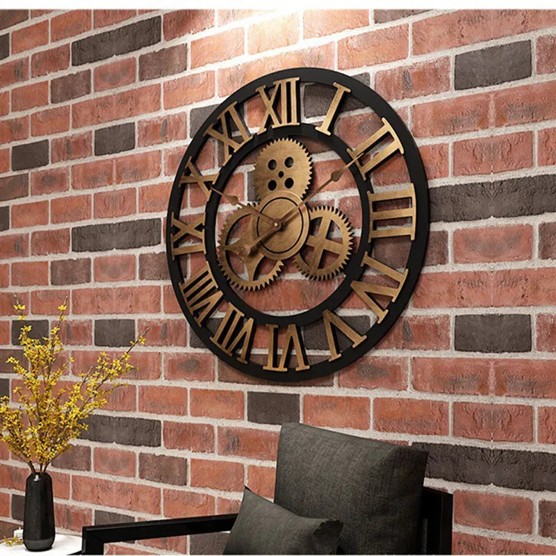 Horloge murale en bois rétro 3D style industriel vue de face