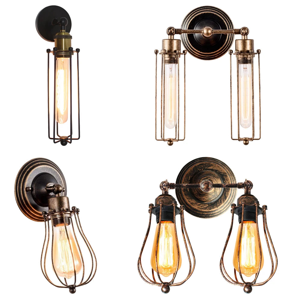Applique murale LED industrielle vintage avec cage métallique en fer