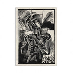 L'image présente une œuvre d'art en noir et blanc composée de formes et de lignes abstraites, créant une composition dynamique et complexe.
