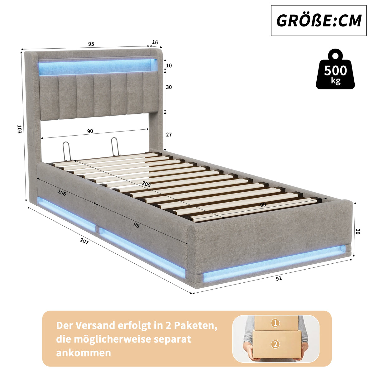 Détail du mécanisme hydraulique du lit 90x200cm avec espace de rangement