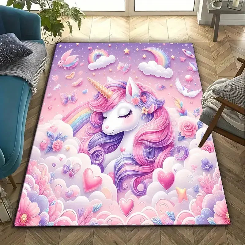 Tapis licorne arc-en-ciel pour chambre d'enfant sur sol clair